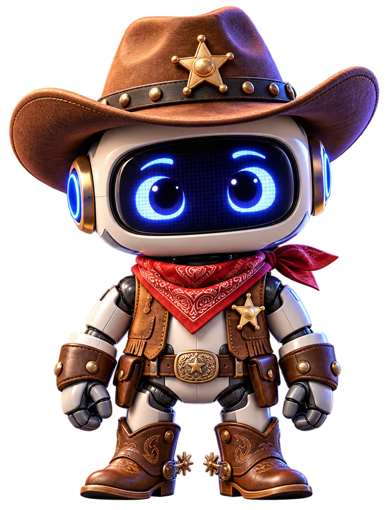 The Prairie Labs AI employee: a small robot in a cowboy hat, bandana and boots
